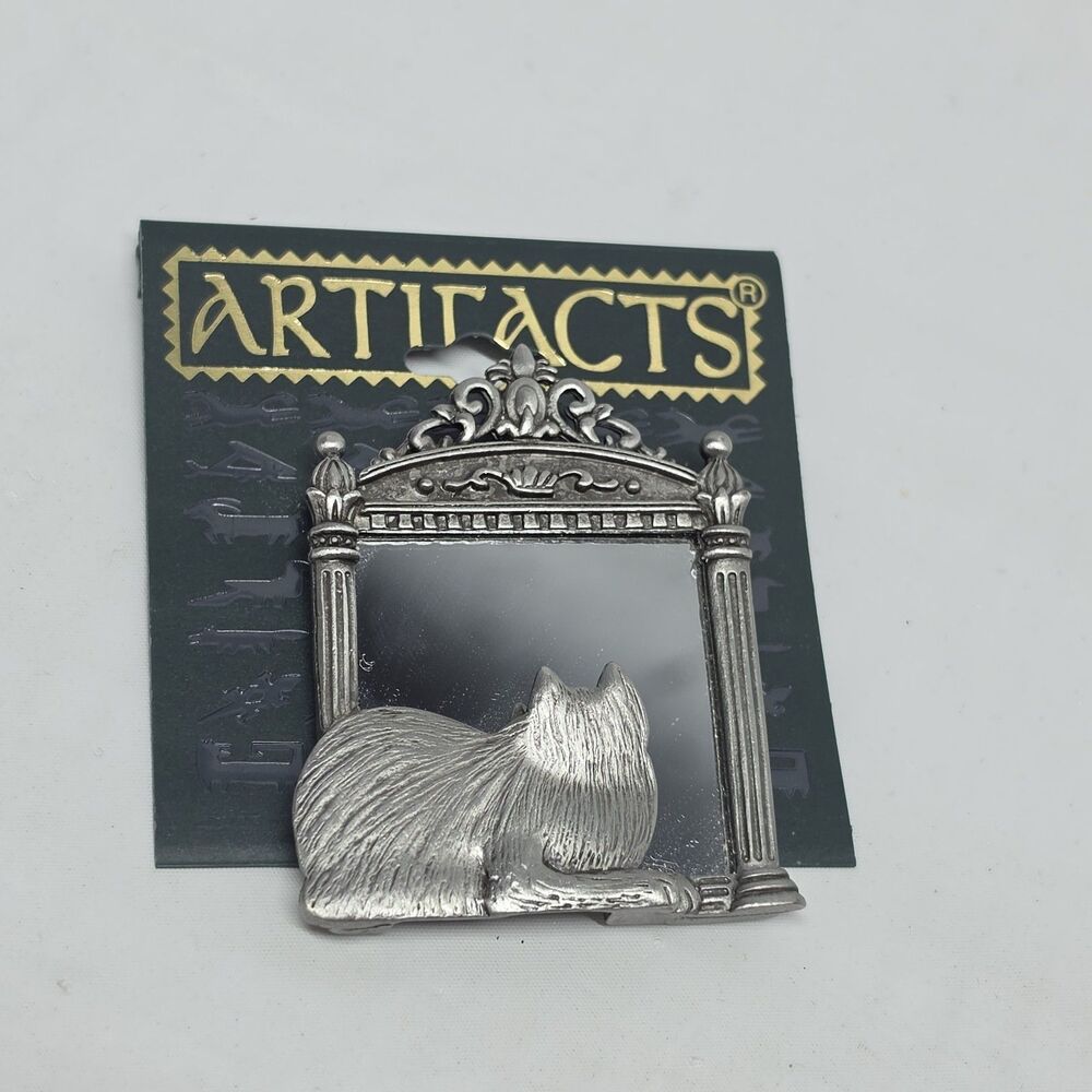 Vintage JJ Cat with Mirror Reflection Pewter Silver Tone Brooch Pin 1986 Signed